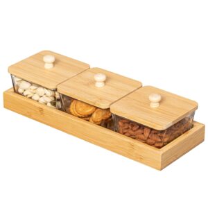 Basicwise Set of 3 Square Glass Jars with Bamboo Lids and Wooden Tray โ Rectangular Charcuterie, Snack Organizer and Fruit Platter for Party, Candy Jars, Cookies, Nuts, Fruits...