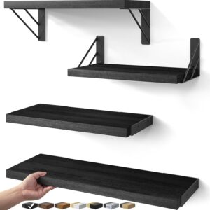 BAYKA Wall Mounted Floating Shelves, Wood Floating Wall Shelf for Books & Decor, Small Space-Saving Display & Organizer๏ผBlack๏ผSet of 4๏ผ