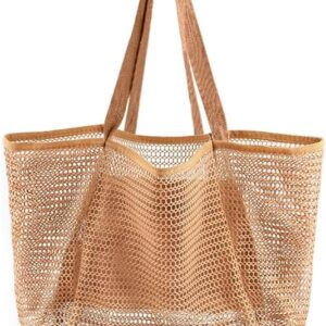 Beach Bags for Women, Summer Travel Mesh Tote Bag with Large Inner Pocket, Sandproof Woven Shoulder Handbag