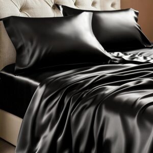 BEDELITE Satin Sheets Queen Size Bed Set, Luxury Soft Black Silky Sheets for Hair and Skin, Similar to Silk Bed Sheets Set 4 Pieces with 1 Deep Pocket Fitted Sheet, 1 Flat...
