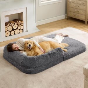 Bedsure Foldable Human Dog Bed - 2 in 1 Flexible Giant Human Dog Bed for Adult People with Supportive Bolster Egg Foam, Waterproof Liner, Calming Fluffy Faux Fur Orthopedic Big...