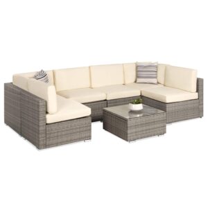 Best Choice Products 7-Piece Modular Outdoor Sectional Wicker Patio Conversation Set w/ 2 Pillows, Coffee Table, Cover Included - Gray/Cream