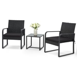Bezseller 3 Piece Outdoor Patio Furniture Set, Patio Bistro Set Wicker Conversation Set, Modern Rattan Chair with Glass Coffee Table for Backyard, Porches, Poolside, Lawn and...