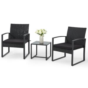 Bezseller 3 Pieces Patio Furniture Set, Outdoor Rattan Bistro Set with Coffee Table, Durable Steel Frame with Strapped Cushions for Garden, Balcony, Poolside, Backyard