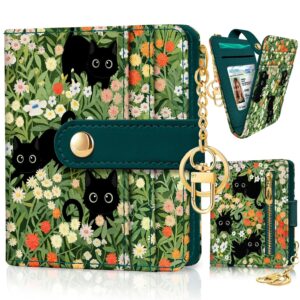 Black Cat Floral Rfid Women Wallet, Small Slim Thin Credit Card Wallet, PU Leather Bifold Cash Zipper Coin Pocket ID Window for Female Ladies Teen Girls Girly
