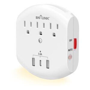 BN-LINK 3-Outlet Extender, Multi Plug Outlets with 3 USB Ports (3.4A Total), Dusk-To-Dawn Sensor Night Light, Surge Protector with Top Phone Holder, for Traveling, Home, School,...