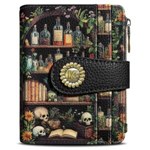 Bookshelves Skull Goth Gothic Small Rfid Women Wallet Bifold Zipper Coin Pocket PU Leather Compact Cash Credit Card Holder Travel Wallet Female Ladies Teen Girls 1 ID Window 10...