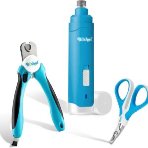 BOSHEL 3-Piece Professional Pet Grooming Tools Set - Include Dog & Cat Nail Clippers with Safety Guards - Rechargeable 2-Speed Pet Nail Grinder - Clippers Feature Razor-Sharp...