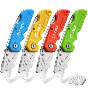 Box Cutter, 4-Pack Tough Folding Box Cutter for Heavy Duty Purpose, Razor Sharp Blade, Comfortable Handle, with Extra 10-Piece Blades, Can cut Drywall, Sheet Plastic, Linoleum,...