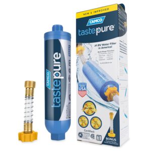 Camco Tastepure RV Water Filter - Advanced RV Inline Water Filter with Flexible Hose Protector - GAC & KDF Filtration - Made in USA - Camping Essentials for Fresh Drinking Water...