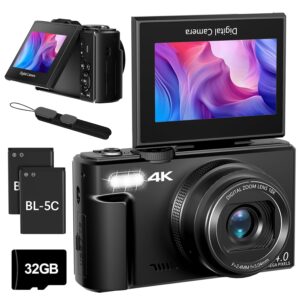 Cameras for Photography, 4K 64MP Digital Vlogging Camera for YouTube with 3" 180ยฐ Flip Screen, Compact WiFi Camera with 18X Digital Zoom, 32GB Micro SD Card & 2 Batteries, Black