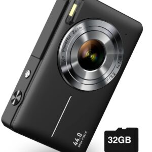 CAMKORY Small Digital 44MP Point and Shoot Compact Camera with 32GB SD Card, Two Batteries, Lanyard, FHD 1080P, 16X Zoom for Kids Boys Girls, Black