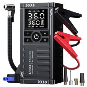 Car Battery Jump Starter with Air Compressor - 4500A 150PSI Portable Car Jump Starters (All Gas/9L Diesel) with Tire Inflator, 12V Car Battery Jump Box with Jumper Cables, LCD...
