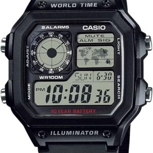 Casio AE1200WH Series | Menโs Digital Watch | 100M WR | Multi Alarms | 100 SEC Stopwatch | Countdown Timer | World Map for World Time | LED Light | LC Analog Display | 10 Year...