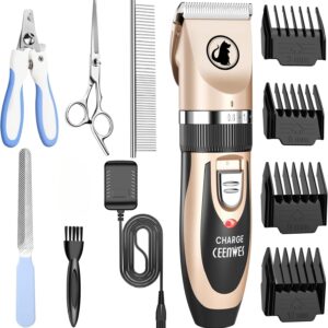 Ceenwes Dog Clippers Low Noise Pet Clippers Rechargeable Trimmer Cordless Grooming Tool Professional Dog Hair Trimmer with Comb Guides Scissors for Dogs Cats & Others(Gold)