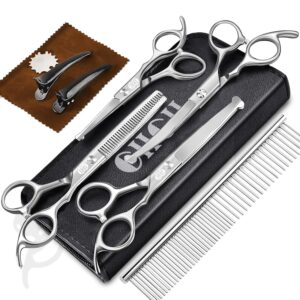 CIICII Dog Grooming Scissors Kit, 10-In-1 Professional Pet Grooming Scissors Set with Safety Round Tip (Dogs/Cat Hair Cutting Trimming Thinning Shears with Curved Scissors) for...