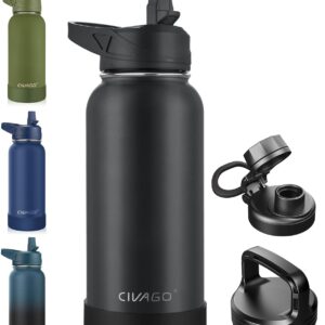 CIVAGO 32 oz Insulated Water Bottle With Straw, Stainless Steel Sports Water Cup Flask with 3 Lids (Straw, Spout and Handle Lid), Wide Mouth Travel Thermal Mug, Black