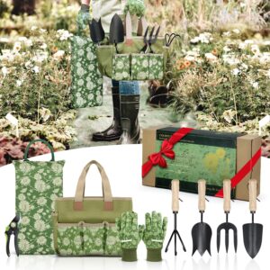 Colwelt Garden Tools Set, 8 Piece, Heavy Duty Gardening Tools with Wooden Handle, Including Garden Tote, Kneeling Pad, Gloves, Pruner, Trowel, Tulip Trowel, Cultivator -...