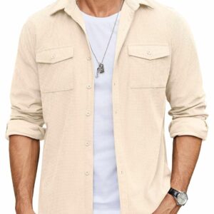 COOFANDY Men's Button Down Waffle Shirt Jacket Casual Long Sleeve Shacket Lightweight Overshirts with Flap Pockets