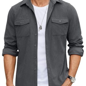 COOFANDY Men's Button Down Waffle Shirt Jacket Casual Long Sleeve Shacket Lightweight Overshirts with Flap Pockets