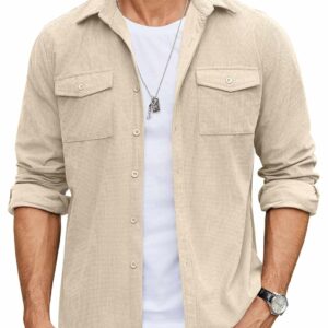 COOFANDY Men's Button Down Waffle Shirt Jacket Casual Long Sleeve Shacket Lightweight Overshirts with Flap Pockets