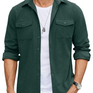 COOFANDY Men's Button Down Waffle Shirt Jacket Casual Long Sleeve Shacket Lightweight Overshirts with Flap Pockets