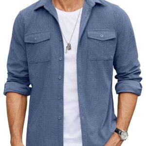 COOFANDY Men's Button Down Waffle Shirt Jacket Casual Long Sleeve Shacket Lightweight Overshirts with Flap Pockets