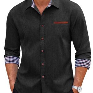 COOFANDY Men's Casual Dress Shirt Button Down Shirts Long-Sleeve Plaid Collar Denim Work Shirt