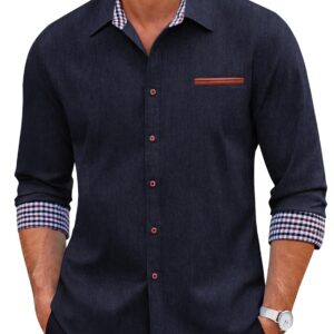 COOFANDY Men's Casual Dress Shirt Button Down Shirts Long-Sleeve Plaid Collar Denim Work Shirt