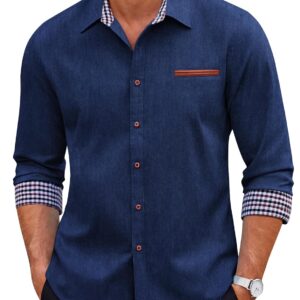 COOFANDY Men's Casual Dress Shirt Button Down Shirts Long-Sleeve Plaid Collar Denim Work Shirt