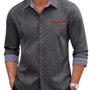 COOFANDY Men's Casual Dress Shirt Button Down Shirts Long-Sleeve Plaid Collar Denim Work Shirt