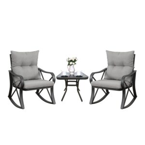 COSIEST 3 Piece Bistro Set Patio Rocking Chairs Outdoor Furniture w Warm Gray Cushions, Glass-Top Table for Garden, Pool, Backyard