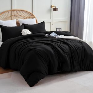 CozyLux Queen Comforter Set Black, 3 Pieces Solid Queen Comforter Breathable Quilted Style Bedding Sets, Luxury Soft Microfiber Down Alternative Comforter for All Season (1...