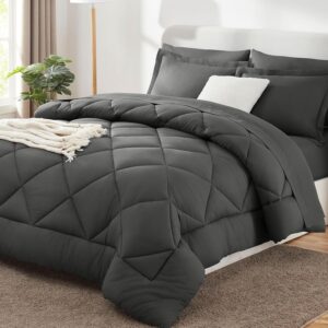 CozyLux Queen Comforter Set Dark Grey - Bed in a Bag Queen Size 7 Pieces, Luxury Soft Bed Set for All Seasons, Bedding Set with Down Alternative Comforter, Sheets, Pillowcases &...
