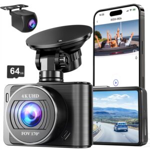 Dash Camera, 4K/1080p Dash Camera Front and Rear, Built-in 5GWiFi, Dash Cam with 64GB SD Card, Full HD 2.0โ IPS Screen, for App Control, G-Sensor, Loop Recording, and Parking Mode
