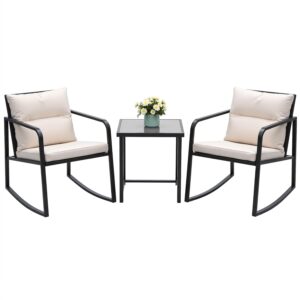 Devoko 3 Piece Rocking Bistro Set Wicker Patio Outdoor Furniture Porch Chairs Conversation Sets with Glass Coffee Table (Beige)
