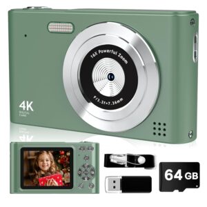 Digital Camera, 44MP Full HD 1080P Point and Shoot Camera with 64GB Card, Anti Shake 16X Zoom Compact Volg Cameras, Portable Small Camara Gift for Kids, Ages Teen Girl Boy - Green