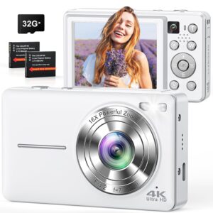 Digital Camera, 4K 64MP Cameras for Photography, Point and Shoot Digital Camera with Auto Focus, Dual Camera, Flash, 16X Zoom, Anti Shake, 32GB Card, Compact Vlogging Camera for...