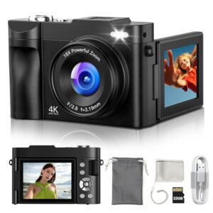 Digital Camera 4K for Photography Vlogging: 50MP Cameras for Video - 16X Zoom Photo Camera Gifts for Teens Ages 8-16 - 180ยฐFlip Screen Compact Cรกmara - Point and Shoot Digital...