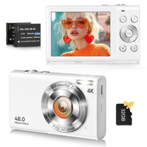 Digital Camera, 4K Vlogging Camera for YouTube Autofocus Cameras for Photography with 16X Digital Zoom, 48MP Compact Point and Shoot Digital Camera for Teens Adult with 32GB SD...