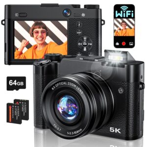 Digital Camera, 6X Optical Zoom & WiFi, 5K 30FPS 64MP Vlogging Camera, Rear and Front Cameras for Photography and Video, Autofocus & Anti-Shake, Travel Selfie for YouTube with...