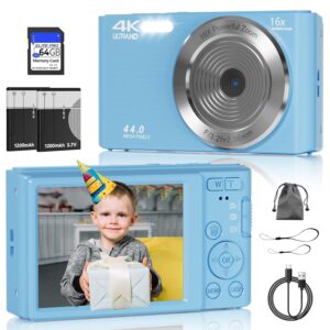 Digital Camera, FHD 4K Digital Camera with 64GB SD Card, 44MP Digital Point and Shoot Camera, 16X Digital Zoom, Anti Shake, 3-LED Fill Lights, Compact Camera for Kids Teen Boys...