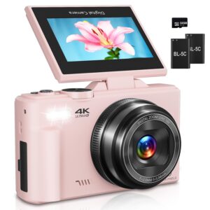 Digital Camera for Photography, 4K Vlogging Camera for YouTube 3" 180ยฐ Flip Screen 18X Digital Zoom Compact Cameras with 32GB TF Card & 2 Batteries, Pink