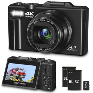 Digital Camera for Photography, WiFi 64MP 4K Vlogging Camera for YouTube, 3" 180ยฐ Flip Screen 18X Digital Zoom Compact Vlog Travel Cameras with 32GB TF Card & 2 Batteries, Black