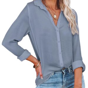 Diosun Womens Button Down V Neck Shirts Long/Short Sleeve Office Casual Business Plain Blouses Tops