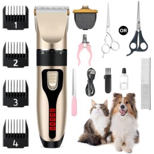 Dog Grooming Kit & Paw Trimmer-Low Noise Electric Quiet Clippers Set, Rechargeable Cordless Pet Hair Clippers for Thick Coats with Scissors & Trimmer -Professional Grooming...