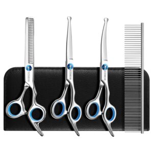 Dog Grooming Scissors for Dogs with Safety Round Tips, 5 in 1 Dog Scissors for Grooming, Professional Curved Pet Grooming Shears Set for Dogs and Cats