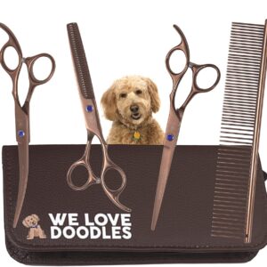 Dog Grooming Scissors Kit - Best Tools For Goldendoodles, Poodles & Doodles - Straight, Curved & Thinning Shears - Golden Doodle Grooming Kit - Professional Grade Steel, 4 Pc...