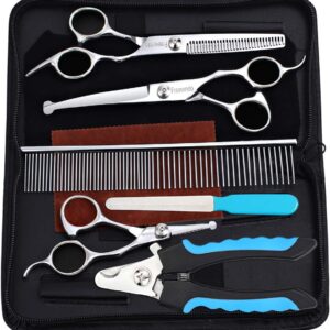 Dog Grooming Scissors Kit, Safety Round Tip, Heavy Duty Stainless Steel Dog Scissors and Nail Clippers, 6 in 1 Dog Grooming Kit