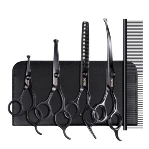 Dog Grooming Scissors Kit with Safety Round Tips, GEMEK Professional 6 in 1 Grooming Scissors for Dogs, Heavy Duty Titanium Coated Pet Grooming Scissor for Dogs, Cats and Other...